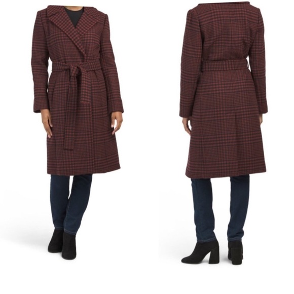 Anne Klein Plaid Wool Wrap Coat in Umber Navy Sz10 - Picture 2 of 7